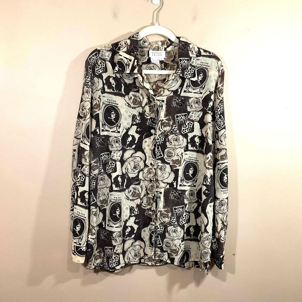 VTG Tess Womens Silk Button Up Shirt L Brown Y2K Retro Roses Silent Movies Indie